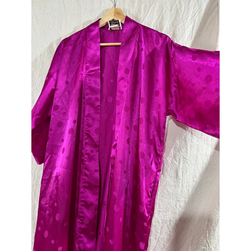 Vintage California Dynasty Robe Magenta Pink Polka Dot Satin Kimono Duster 80s